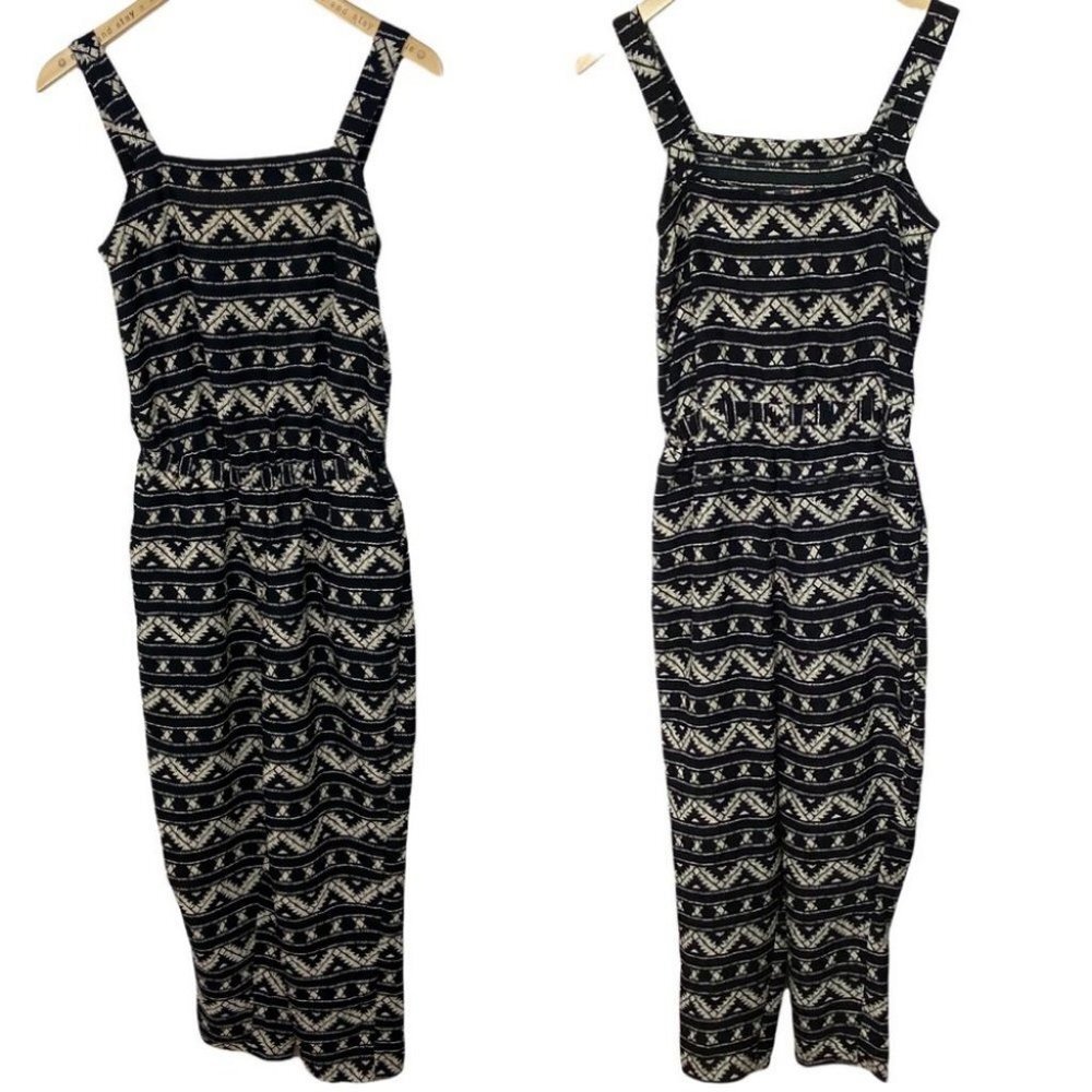 Koton Black Bohemian Square Neck Jumpsuit‎ Size XS Hippie Boho White Wide Leg